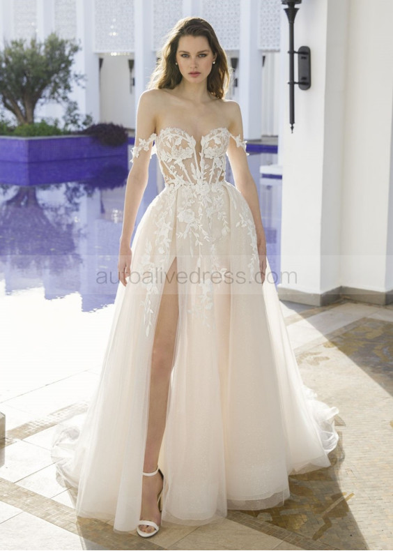 Ivory Lace Tulle Slit Sexy Wedding Dress With Detachable Straps Ivory Lace Tulle Slit Sexy Wedding Dress With Detachable Straps